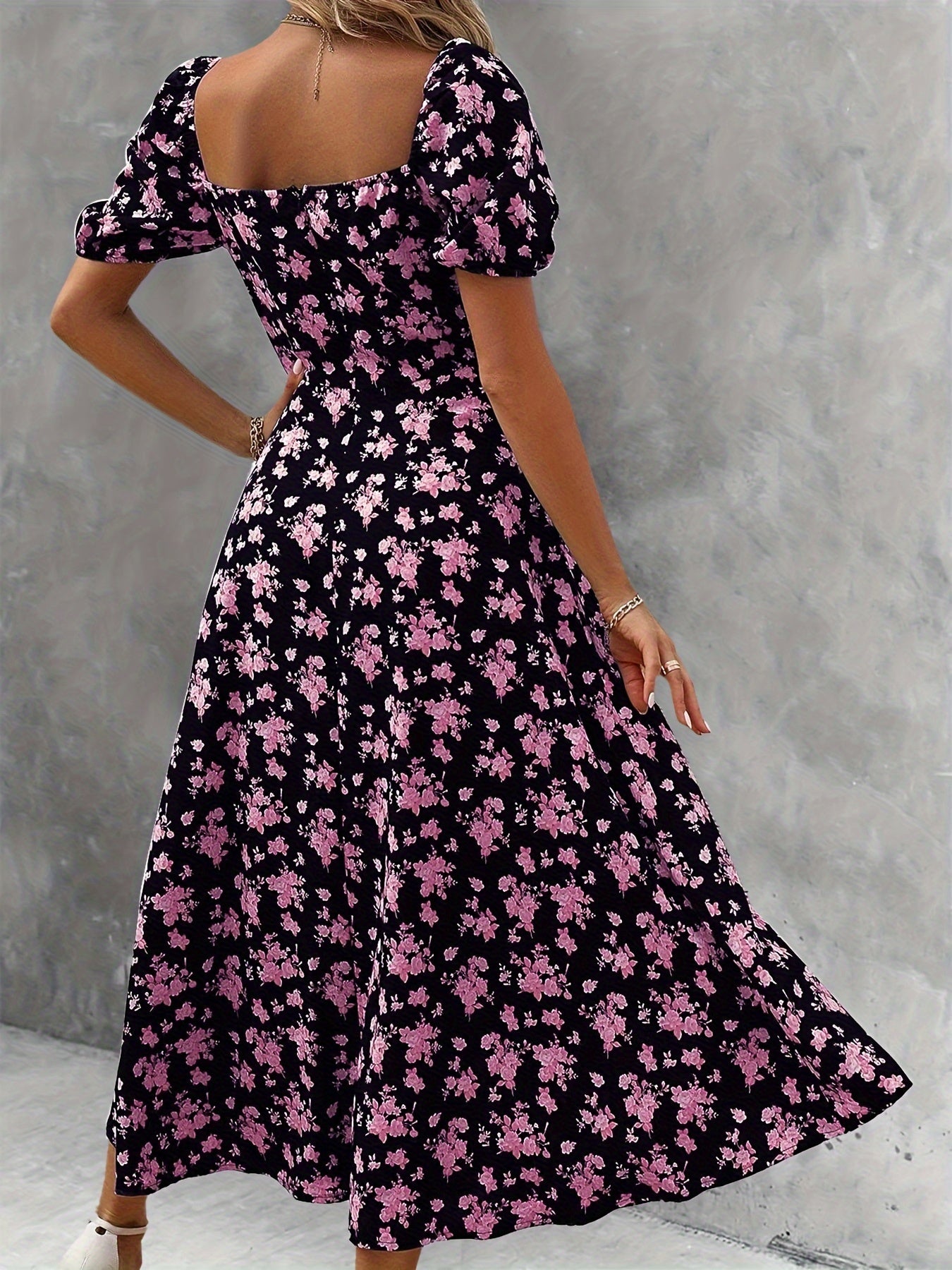 Women's Floral Print High Slit Dress with Puff Sleeves and Off-Shoulder Neck