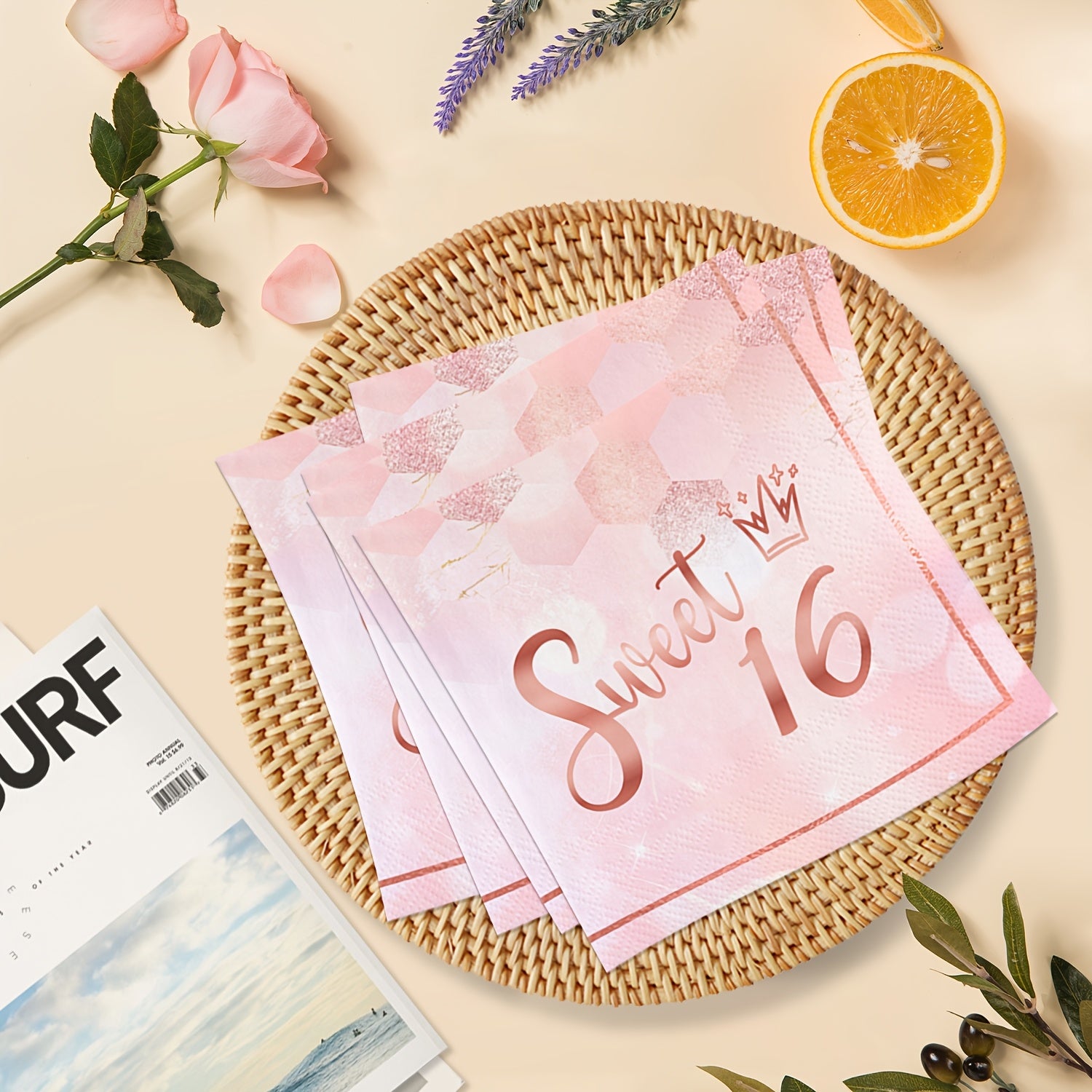 20-Pack Rose Gold 16th Birthday Napkins 2-Ply Multifold Disposable Party Supplies