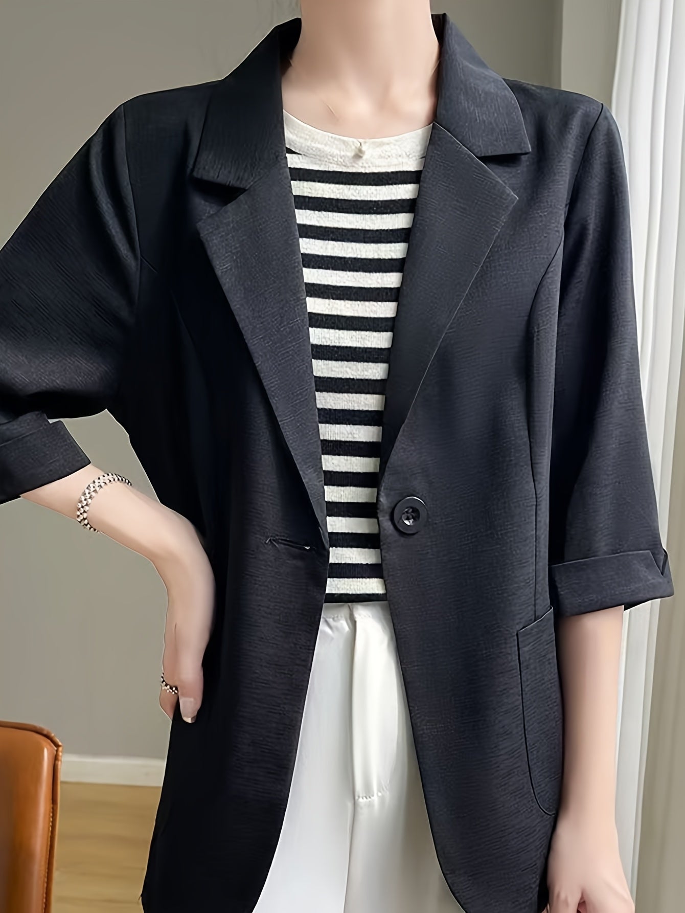 Plus Size Women's Rayon Linen Blazer Slim-Fit Black Business Coat