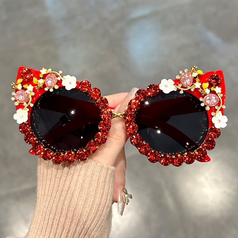 Gafas de sol con cristales en forma de gato, con rhinestones y degradado floral para fiestas de disfraces y prom.