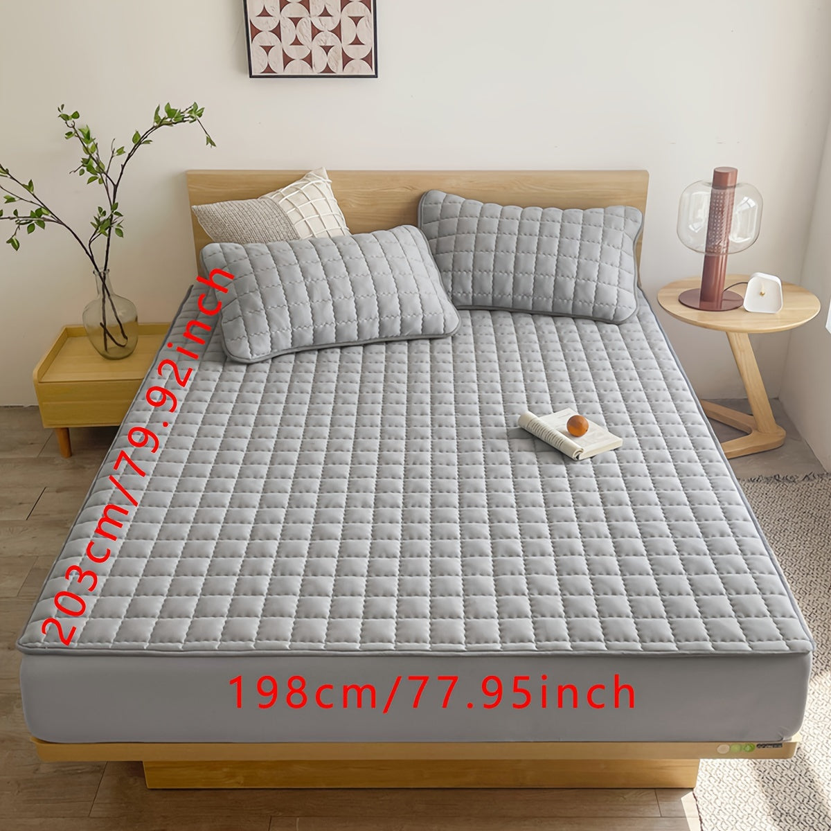 Light Gray Quilted Waterproof Fitted Sheet Breathable Polyester Deep Pockets Easy Care