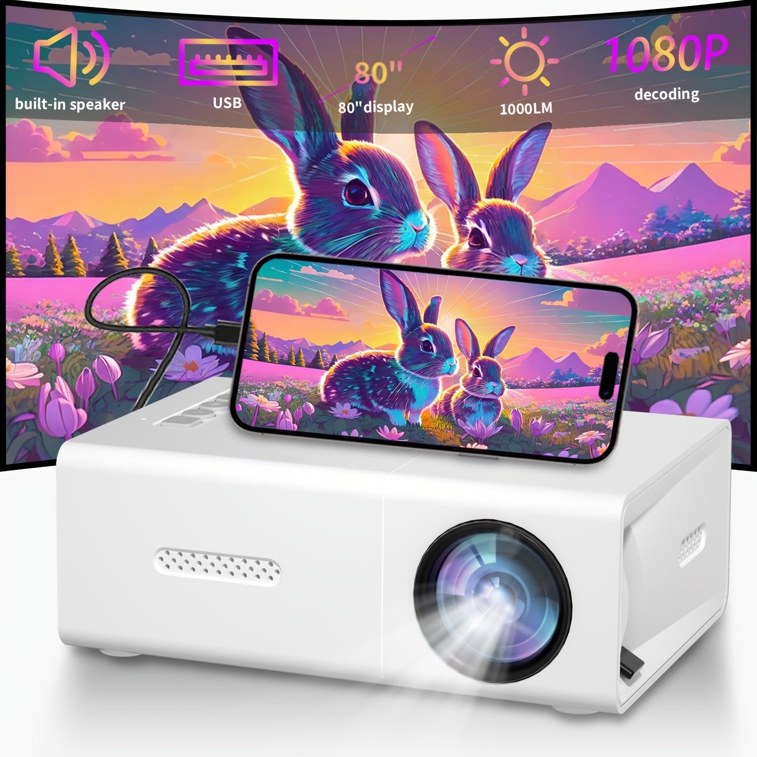 Portable HD Projector for Home Theater with HDMI USB Compatibility