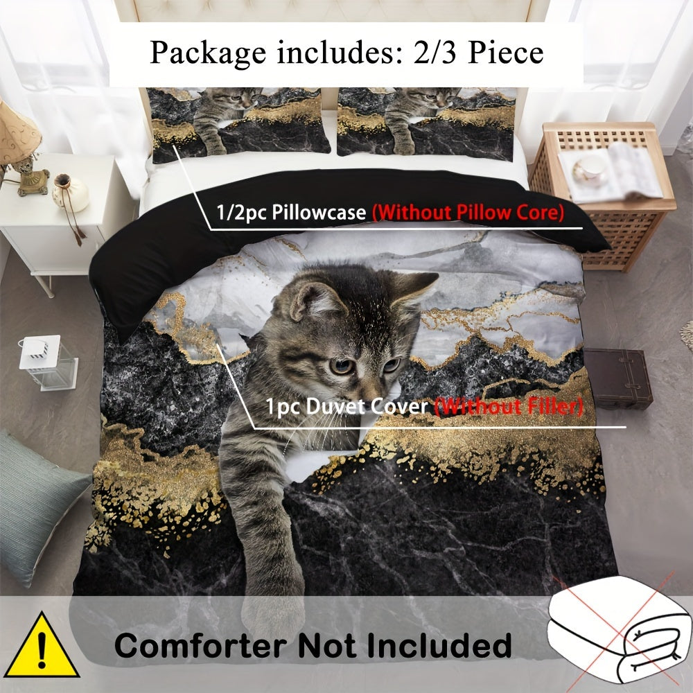 Cat Duvet Cover Set with Pet Cat Pattern and Cute Kitten Print for Kids Teens Bedding
