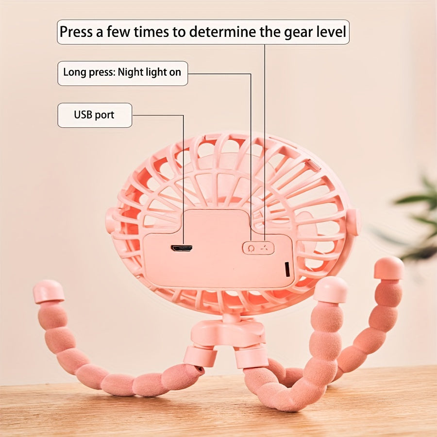 Portable 3-Speed USB Rechargeable Fan with Flexible Tripod for Stroller Desk Bike Camping