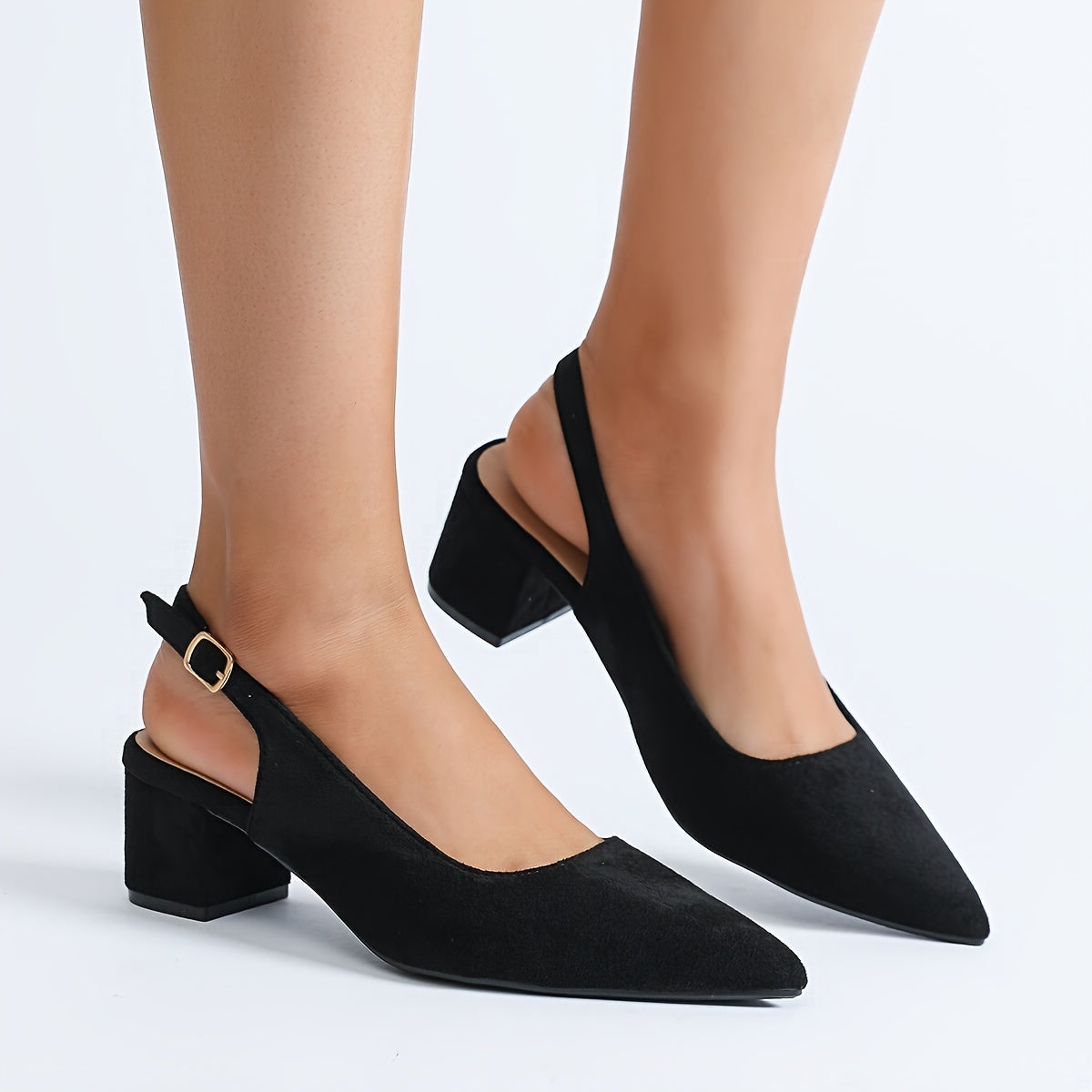 Women's Black Velvet Pointed Toe Pumps with Ankle Strap and Mid Heel