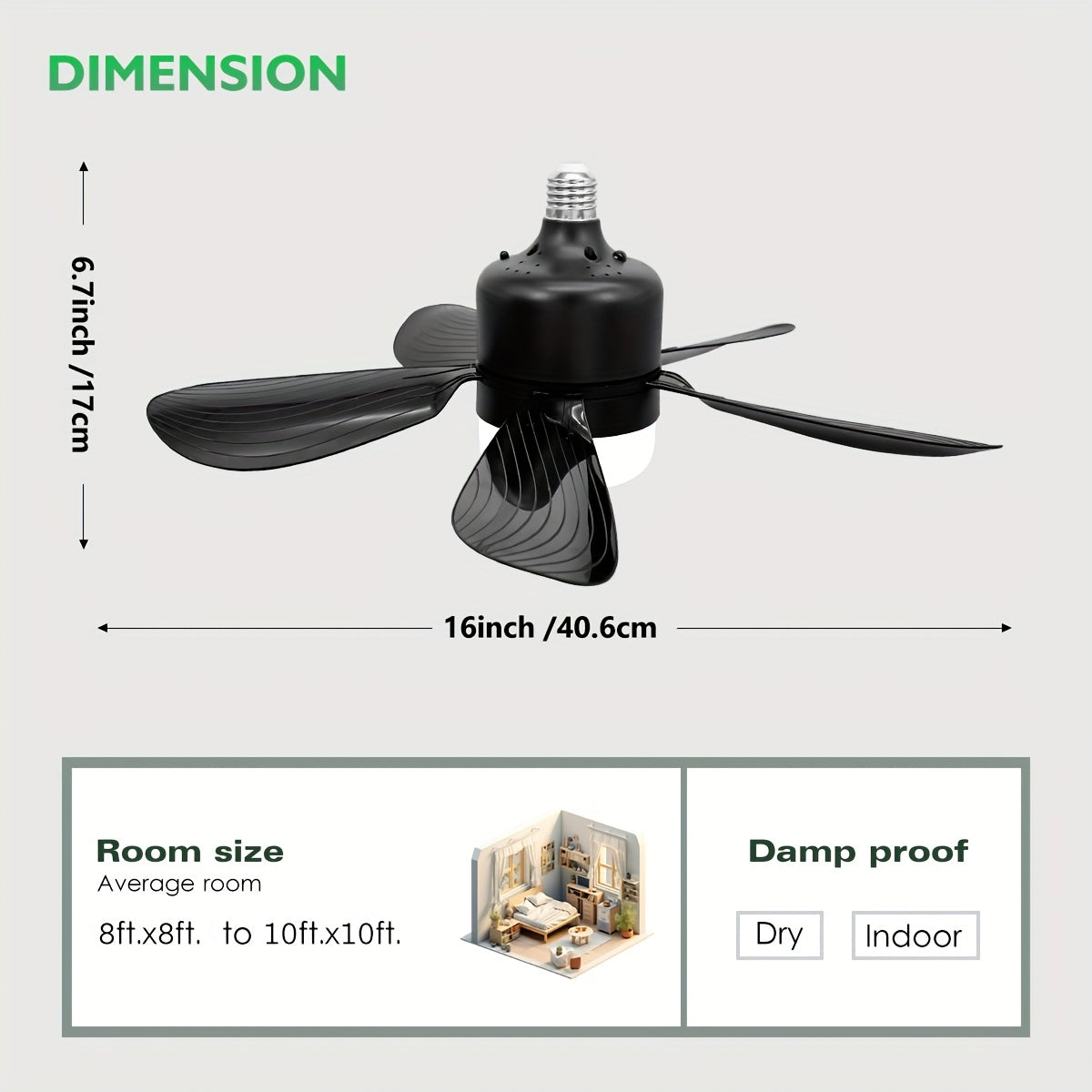 Black LED Ceiling Fan Light with 5 Blades, E26/E27 Socket, Adjustable Speed