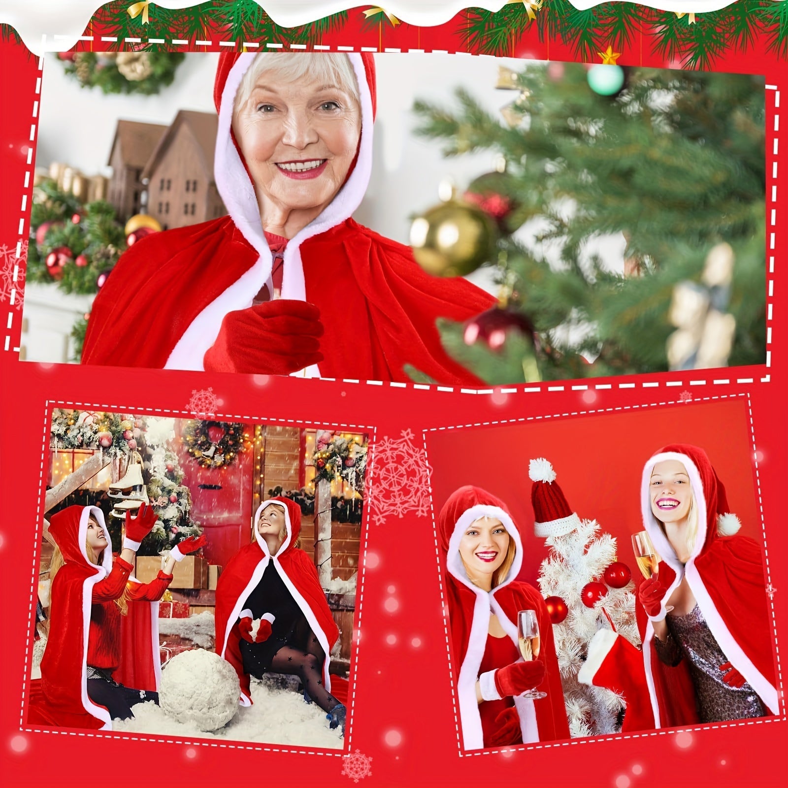 Conjunto de accesorios de Santa Claus de Navidad para mujer, capa con capucha de terciopelo, sombrero y guantes
