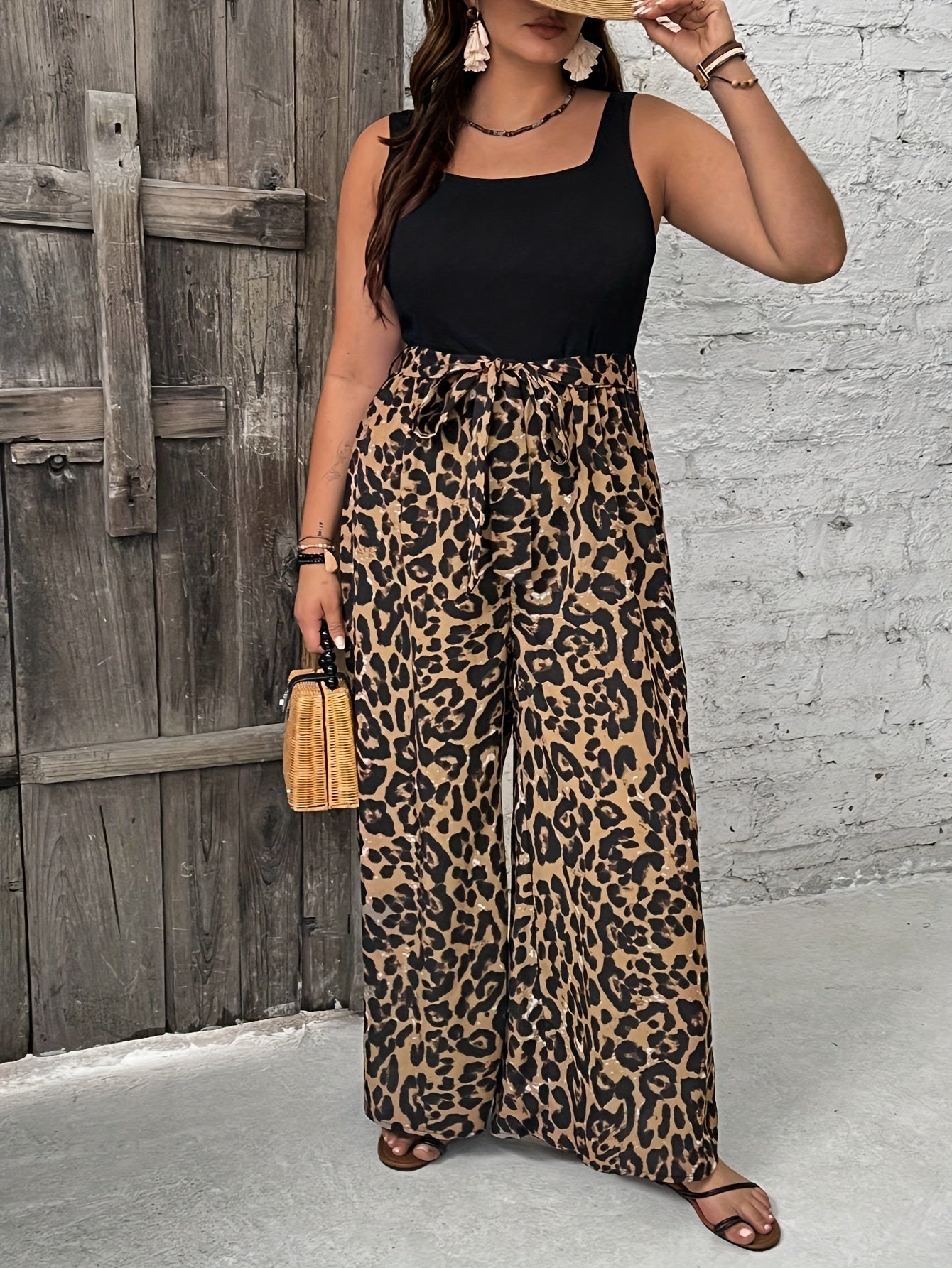 Plus Size Women's Leopard Print Sleeveless Jumpsuit with Belt for Casual and Formal