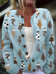 Plus Size Women's Light Blue Cat Print Cardigan Long Sleeve Open Front Sweater