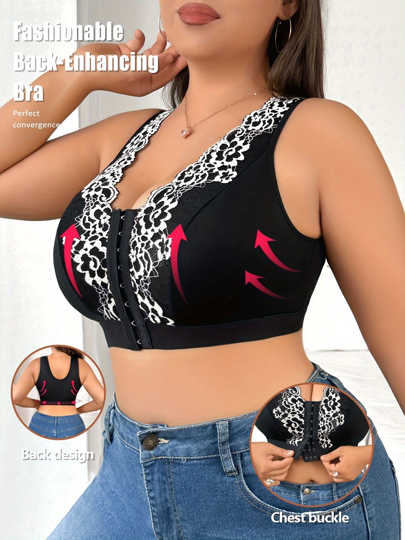 Bralette sin aros con bordado floral de talla grande, cierre frontal y cobertura total