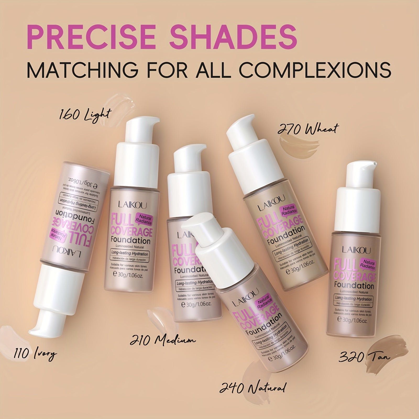 LAIKOU To'liq qoplovchi fondyushen: Namlantiruvchi, qurish mumkin bo'lgan yashirish 6 rangda. Gialuron kislotasi va nok kukuni bilan boyitilgan. Barcha teri turlariga mos keladi. Suv o'tkazmaydigan va po'latni kamaytiruvchi.