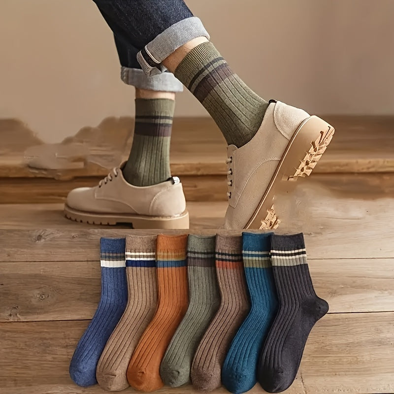 Men's Casual Striped Crew Socks Set 7 Pairs Anti-Odor Sweat-Absorbing Breathable