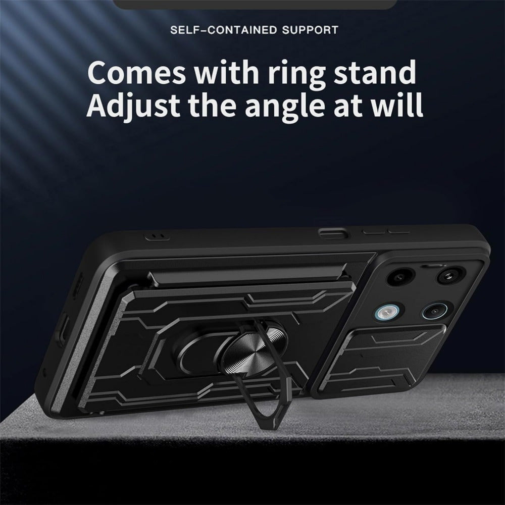 Black PC Phone Case for Xiaomi Redmi Note 13 with Card Holder Camera Cover and Kickstand