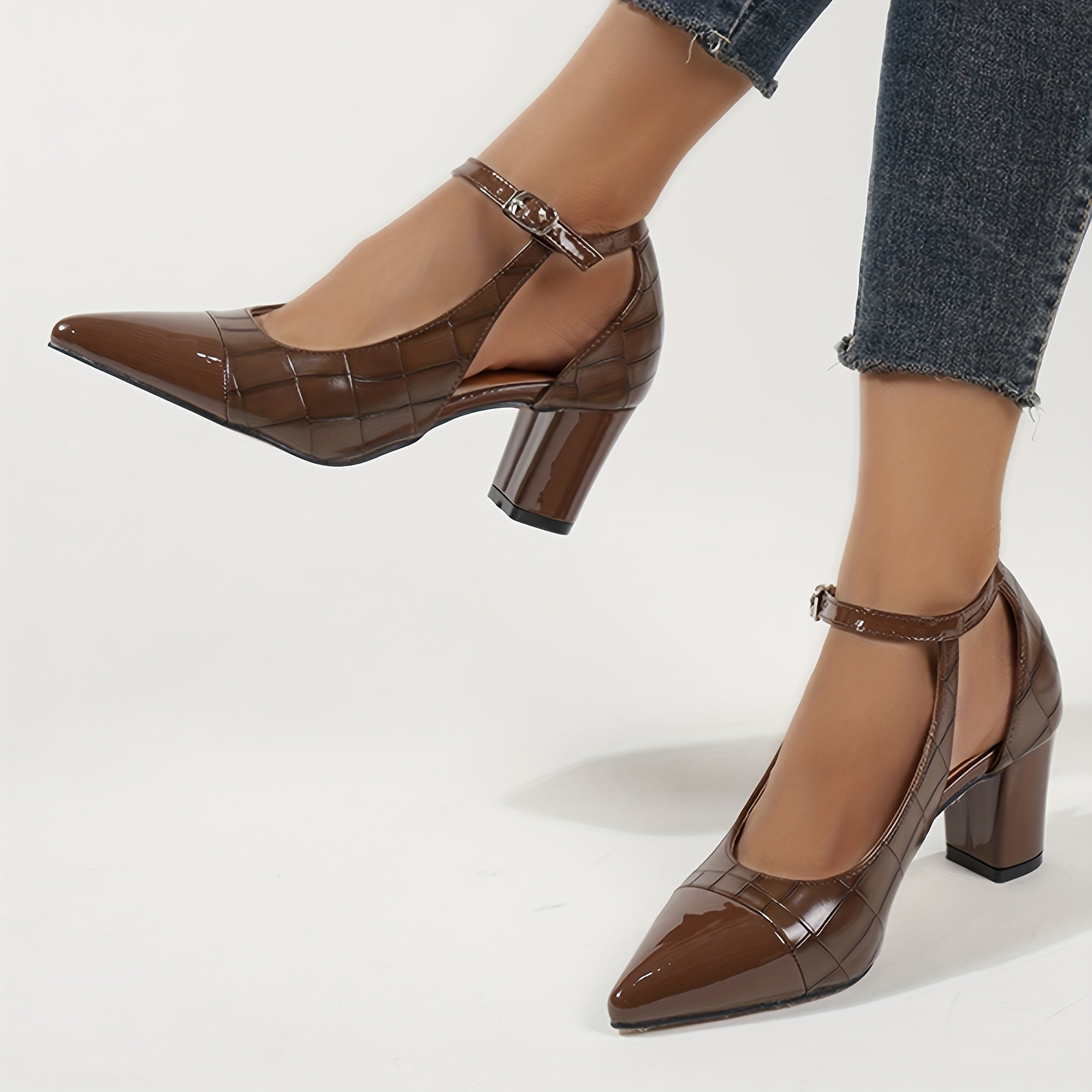 Women's Pointed Toe Chunky Heel Pumps with Ankle Strap Brown