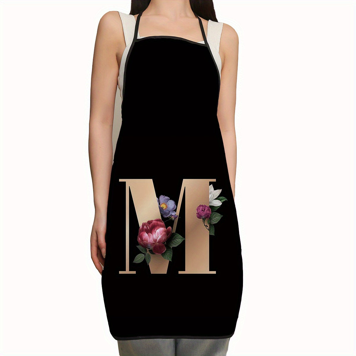 Polyester Apron with Adjustable Suspenders and Letter Flower Pattern for Restaurant Waiters and Chefs