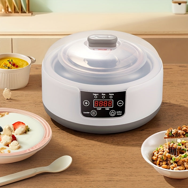 Raqamli displey bilan katta hajmli avtomatik yogurt tayyorlovchi, yogurt va fermentlangan oziq-ovqatlar uchun ideal. Kuzatuv talab qilinmaydi. Yevropa standarti rozetkasi. Shisha idish dizayni.