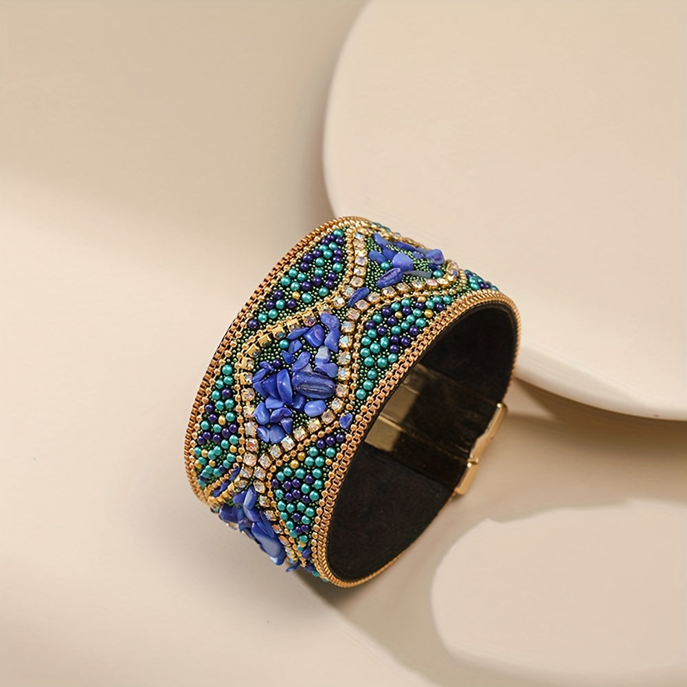 Women's Handmade Natural Stone Bead Faux Leather Bracelet with Magnetic Clasp