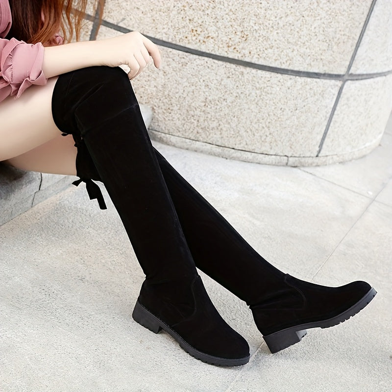 Women Black Fleece-Lined Over-the-Knee Boots Mid-Heel Round Toe Winter Footwear