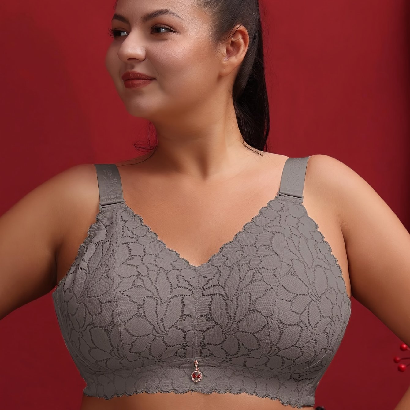 Plus Size Lace Bralette Wireless Floral Print Breathable Slimming Underwear
