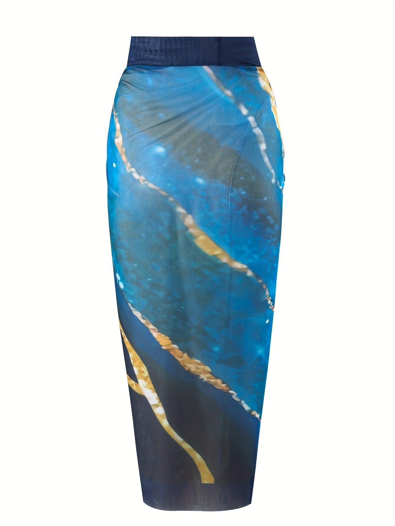 Ayollar uchun V-shaklidagi bir parcha va yopishqoq sarong yubka bilan bezatilgan, zamonaviy 2-qismli marmar naqshli suzish kostyumi to'plami.