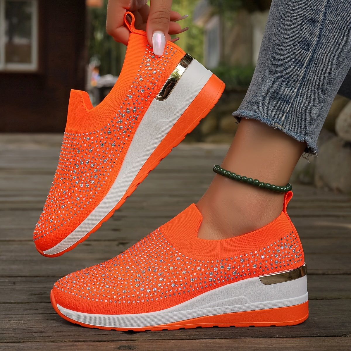 Women's Rhinestone Decor Platform Sneakers Casual Slip-On Outdoor Shoes