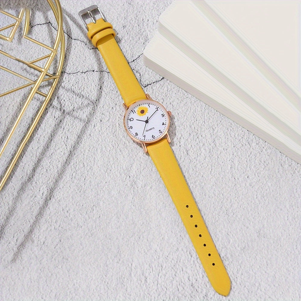 Women's Daisy Flower Quartz Watch with Analog Display and Leather Band 1 2 or 6 Pieces