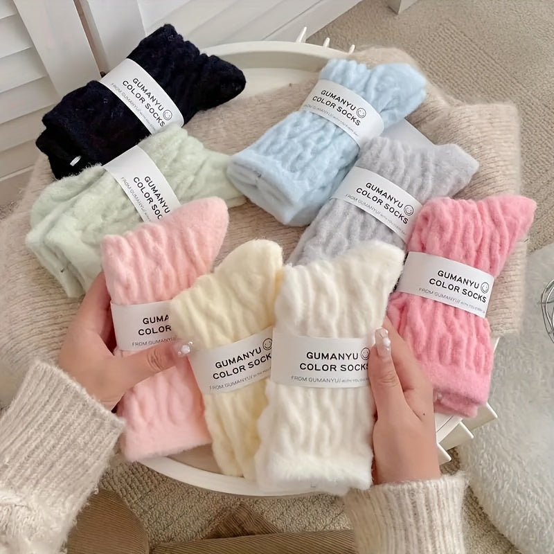 Women's Fuzzy Knit Socks 5 Pairs Mid-Calf Solid Color Polyester Spandex