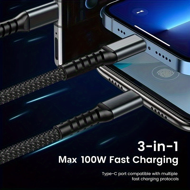 3-in-1 100W USB Type C Fast Charging Cable for Multiple Devices