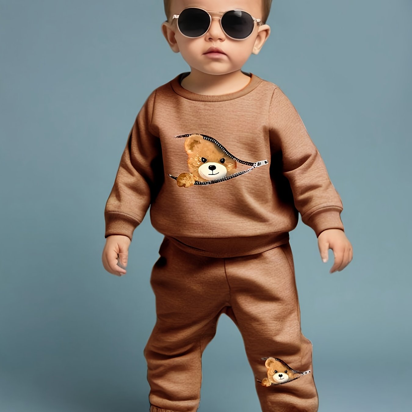 Baby Boys Hoodie and Sweatpants Set Autumn Winter Teddy Bear Print Polyester Comfortable