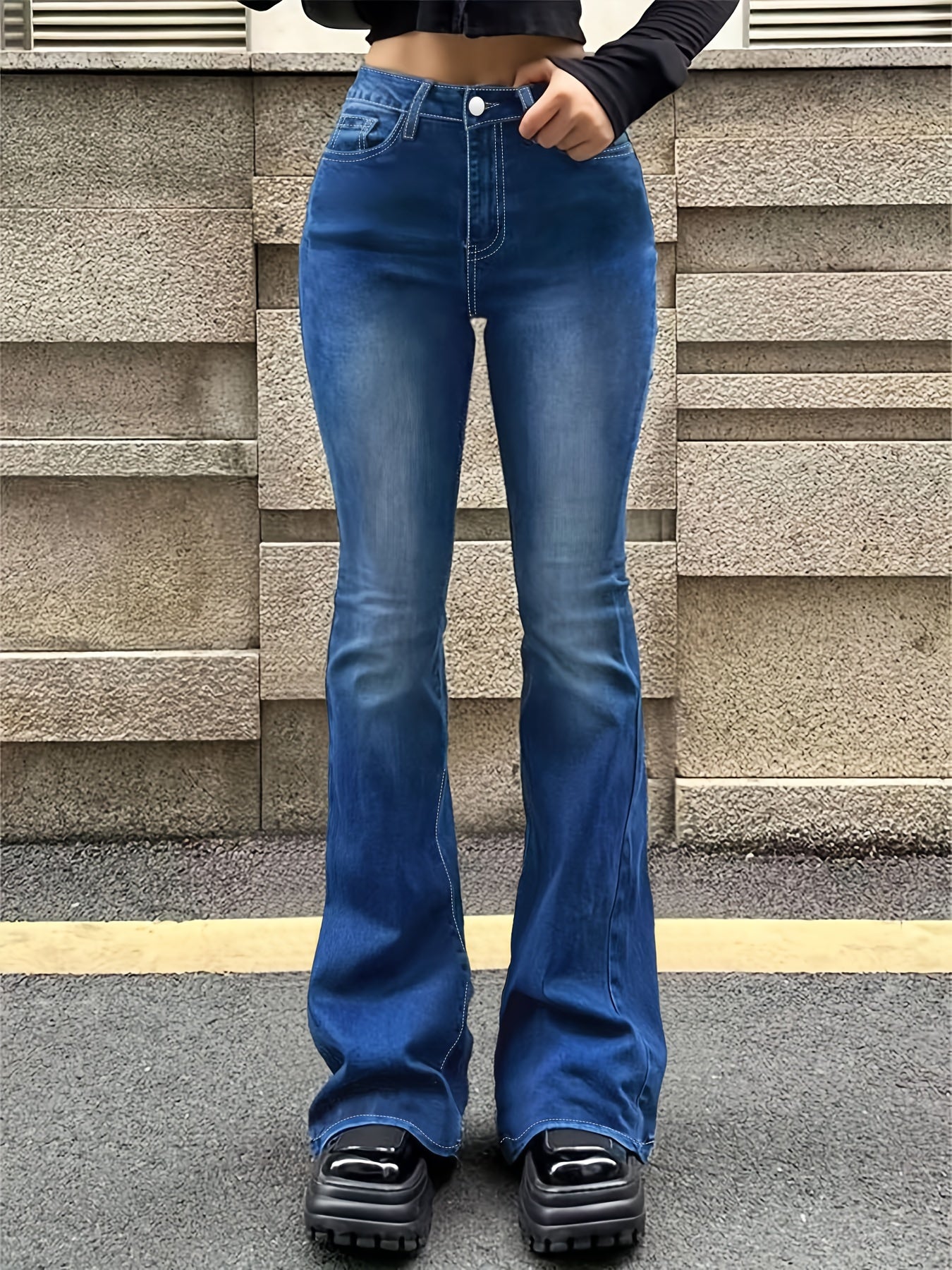 Plus Size Women's Washed Denim Flared Pants High-Waisted Stretch Long Jeans