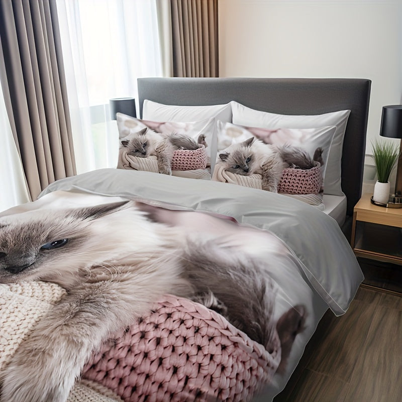 Cat Print Duvet Cover Set with Pillowcases 3 Piece Breathable Polyester Easy Care