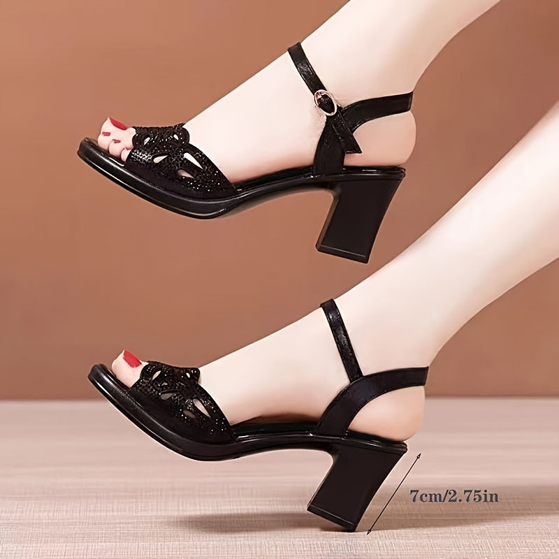Women's Summer Fish Mouth Sandals with Rhinestones Thick Heel Open Toe Ankle Strap