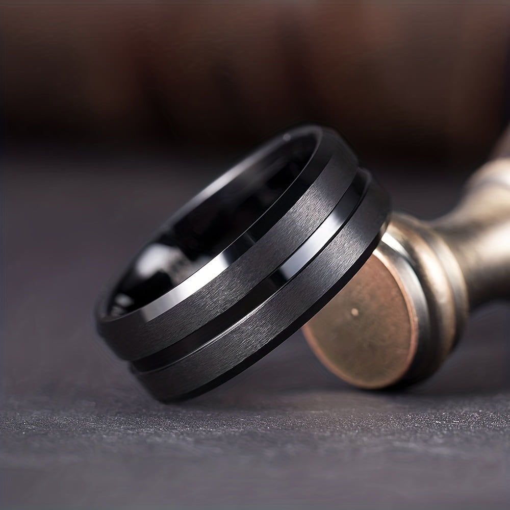 Black Rotating Rings for Men, Minimalist Stylish Jewelry with Concave Grooves