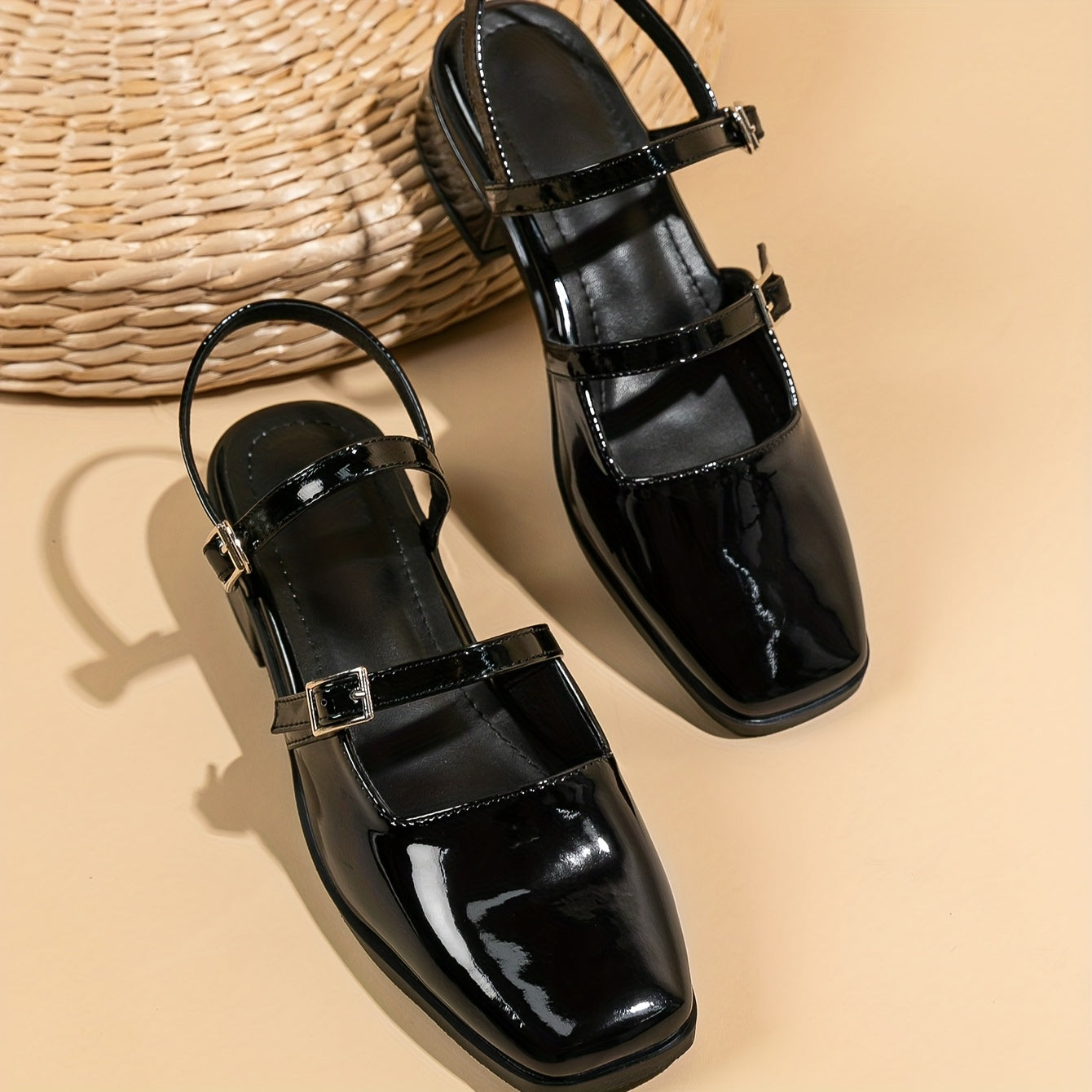 Ayollar uchun faux charmli qora Mary Jane poyabzal, qattiq shoxli va tizzaga bog'lam bilan