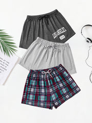Conjunto de pantalones cortos de descanso para mujer con estampado de cuadros y letras, con cordón elástico, conjunto de ropa de descanso casual de 3 piezas