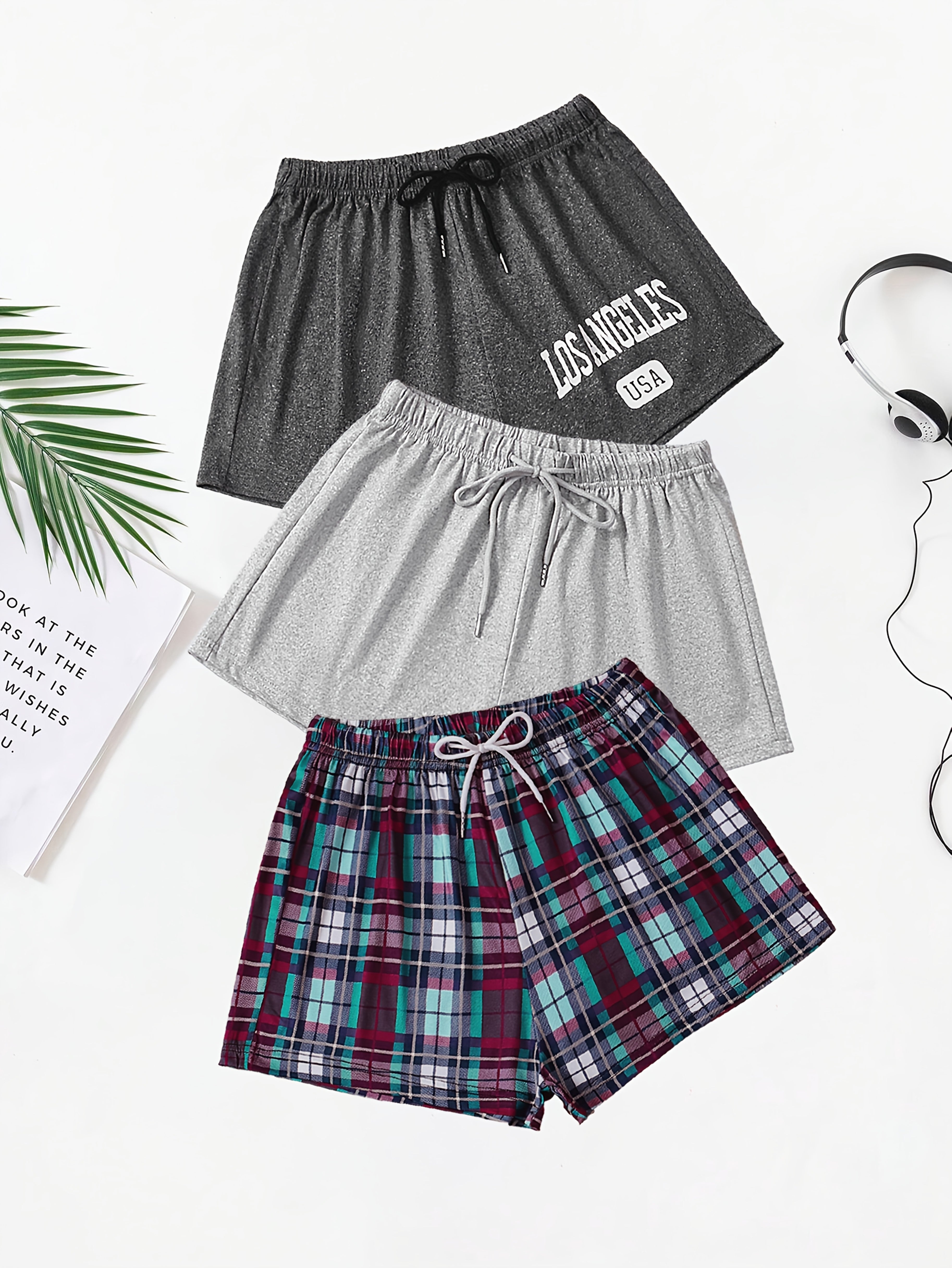 Conjunto de pantalones cortos de descanso para mujer con estampado de cuadros y letras, con cordón elástico, conjunto de ropa de descanso casual de 3 piezas