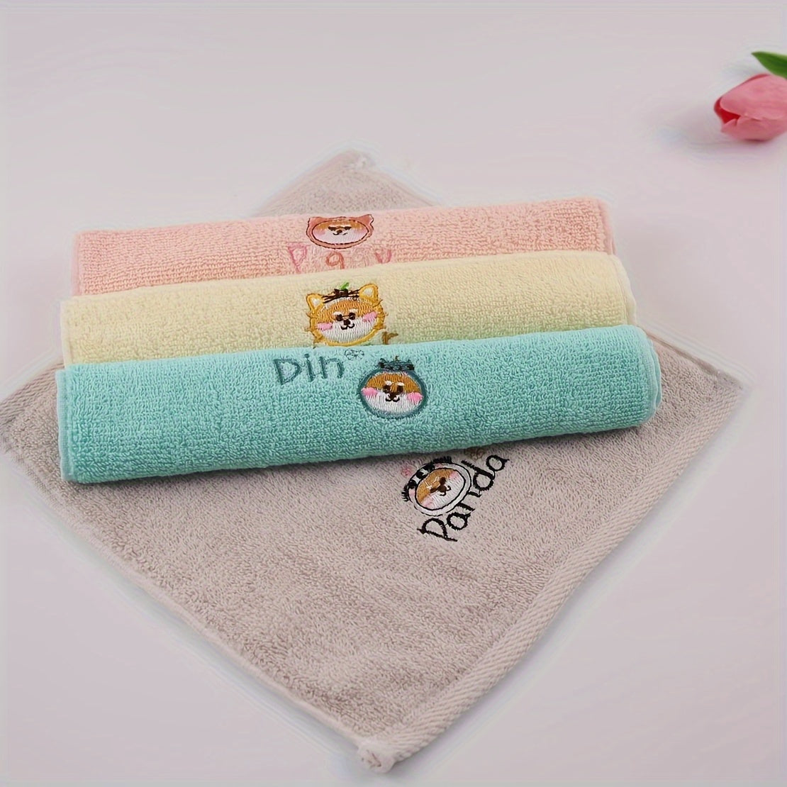Cotton Blend Washcloths with Cartoon Animal Embroidery 25x25cm Set of 3