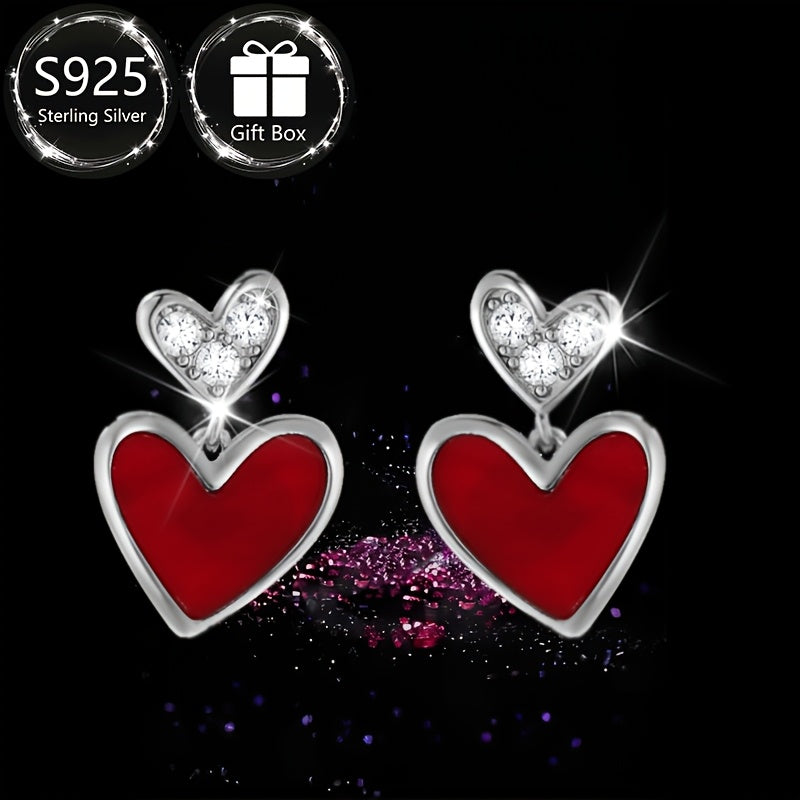 Sterling Silver Heart Earrings with Synthetic Zirconia for Women
