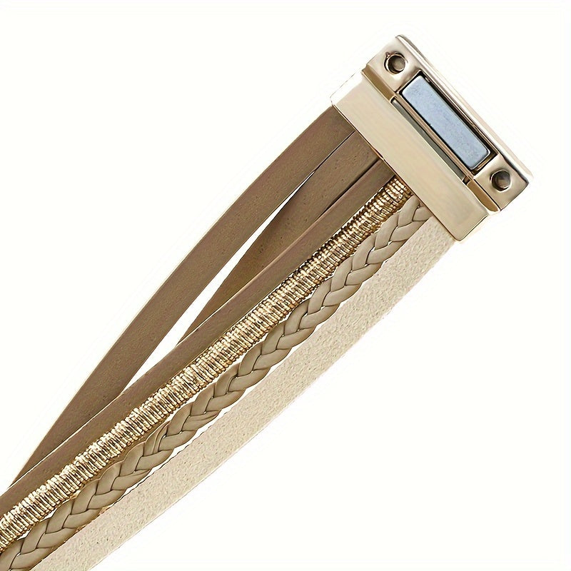 Vintage Bohemian Crystal Beaded Bracelet with Faux Leather Wrap and Magnetic Clasp