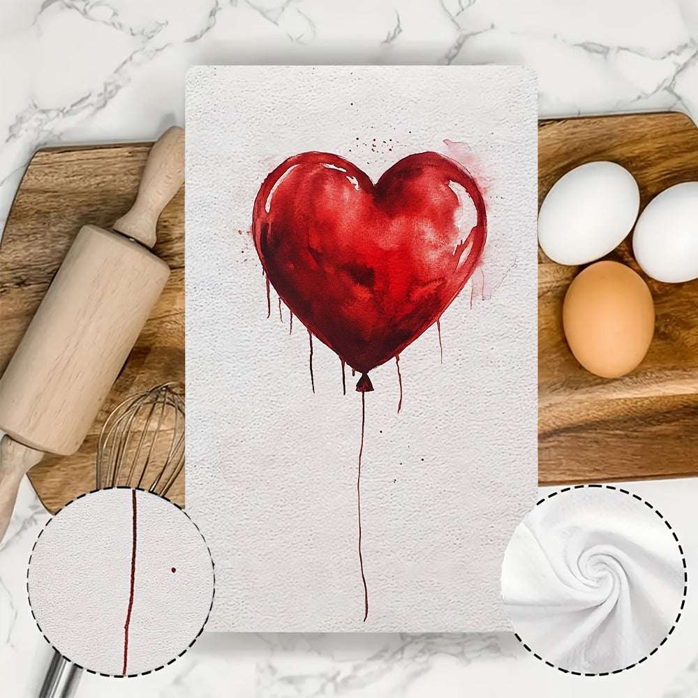 Two Pieces Ultra Soft Kitchen Towels Heart Balloon Design Absorbent Machine Washable