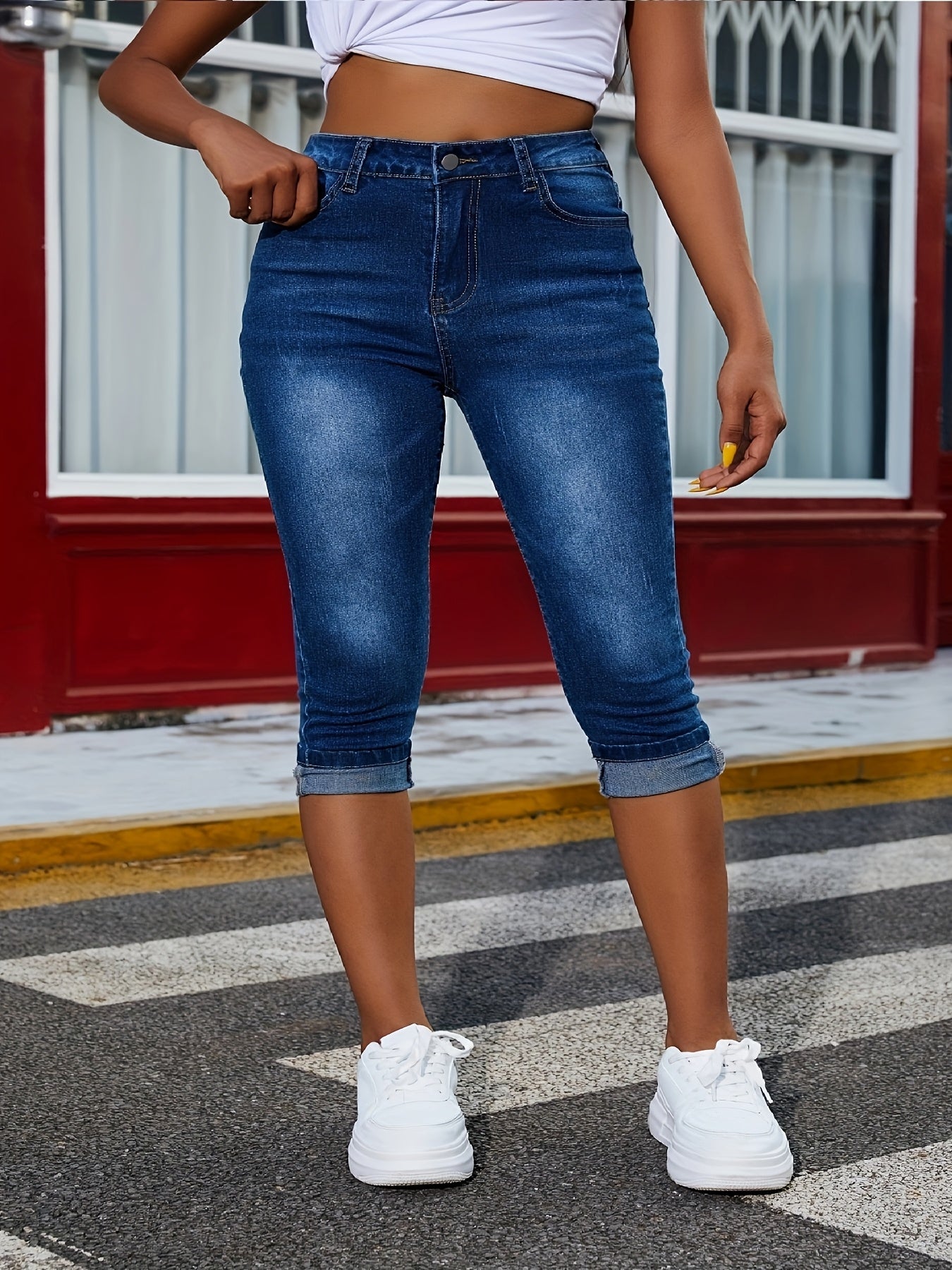 Jeans ajustados de talla grande para mujer con alto estiramiento y estilo callejero