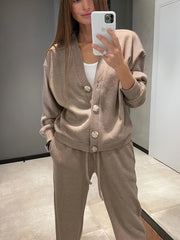 Women's Casual Long Sleeve Top and Loose Pants Outfit Polyester Solid Color All-Season