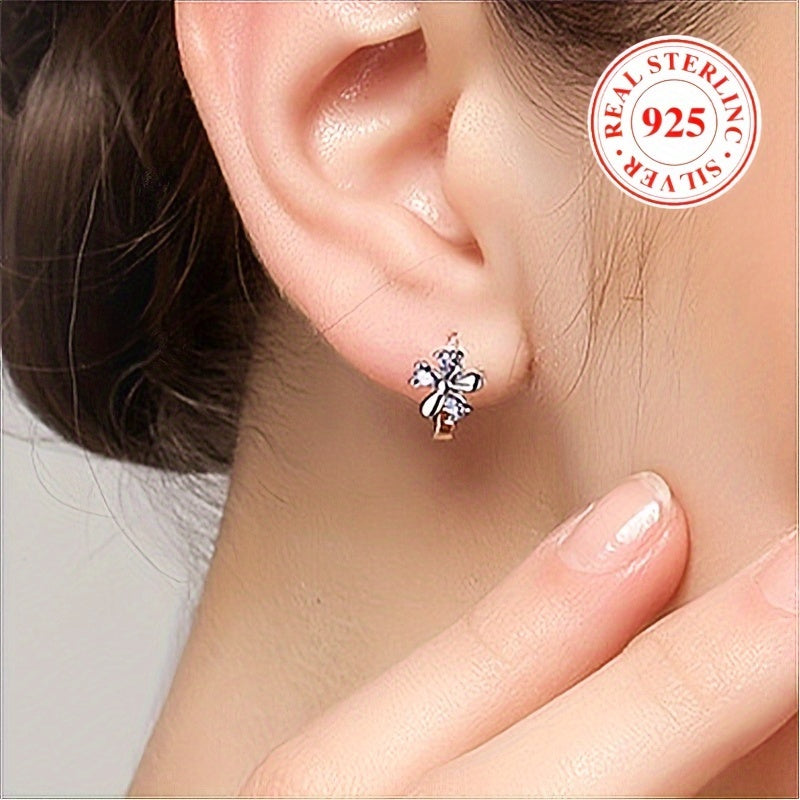 Women's Silver Hoop Earrings with Flower Design and Zirconia Inlay for Party and Wedding
