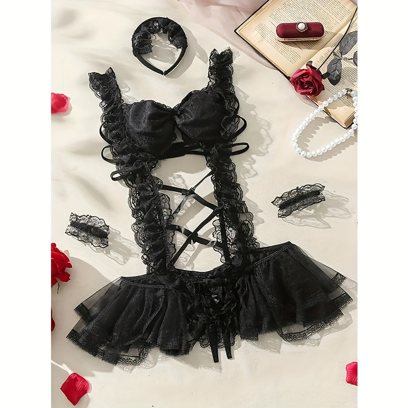 Mesh Teddy Bodysuit Lingerie Set with Lace Trim and Bow Accent