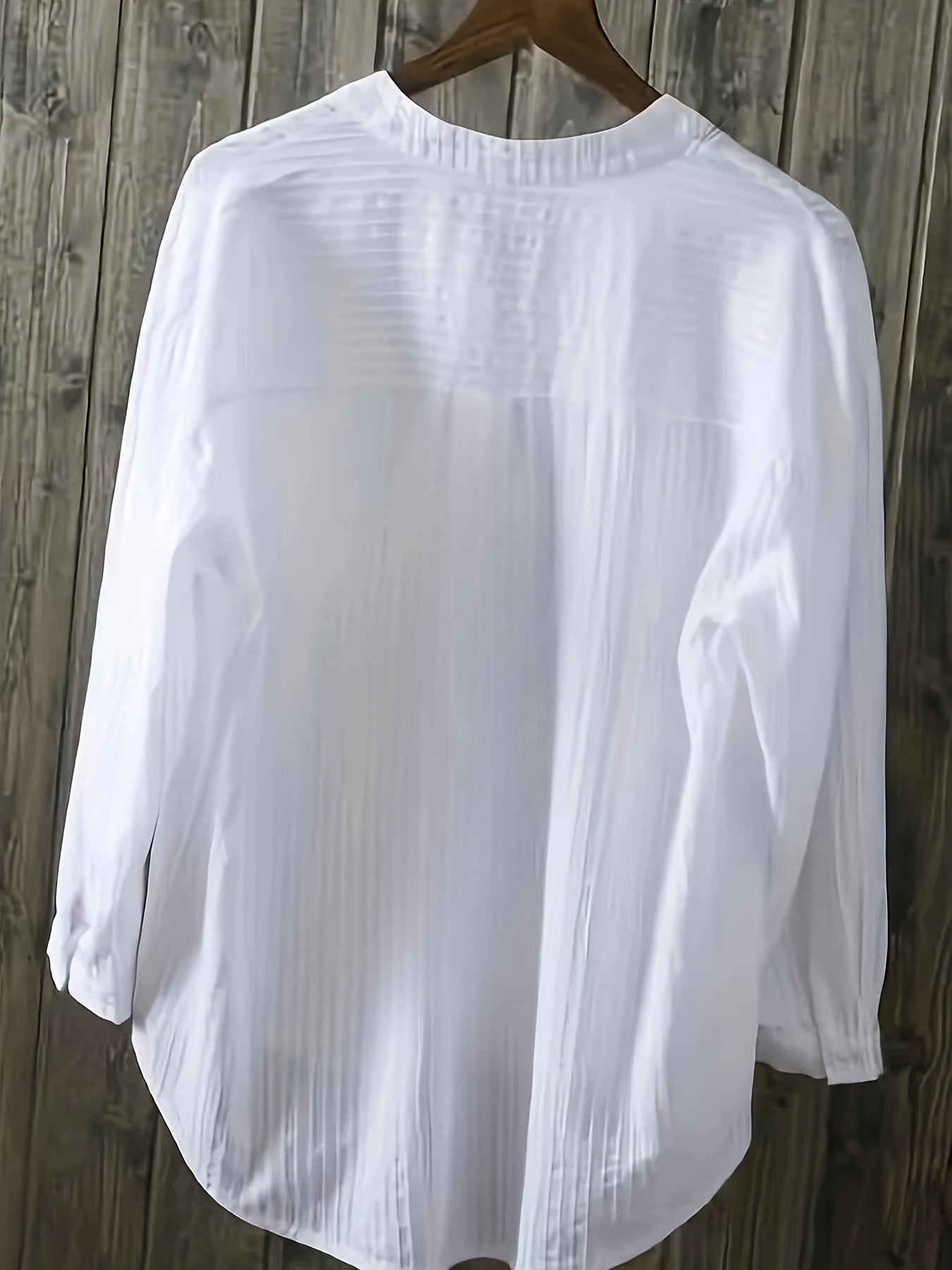 Women's White Linen Blend Shirt with Long Sleeves V-Neck Button Casual