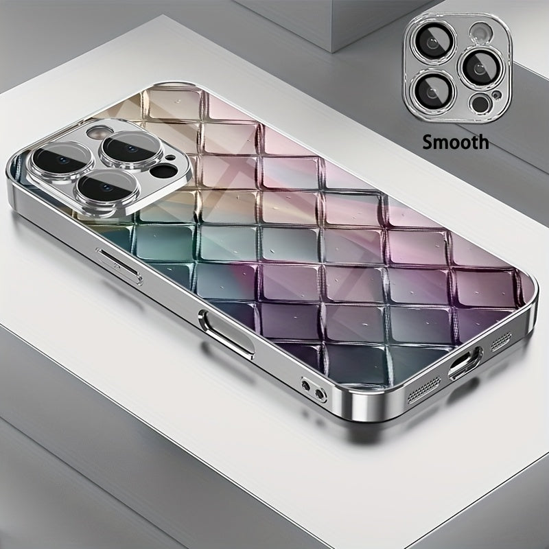 Rang-barang shisha teksturasi olmos tarmog'i naqshli telefon qobig'i, linza himoyasi bilan, iPhone modellari uchun
