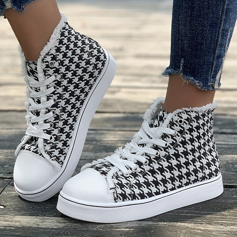Women's Houndstooth Pattern High-Top Sneakers Black and White Fabric