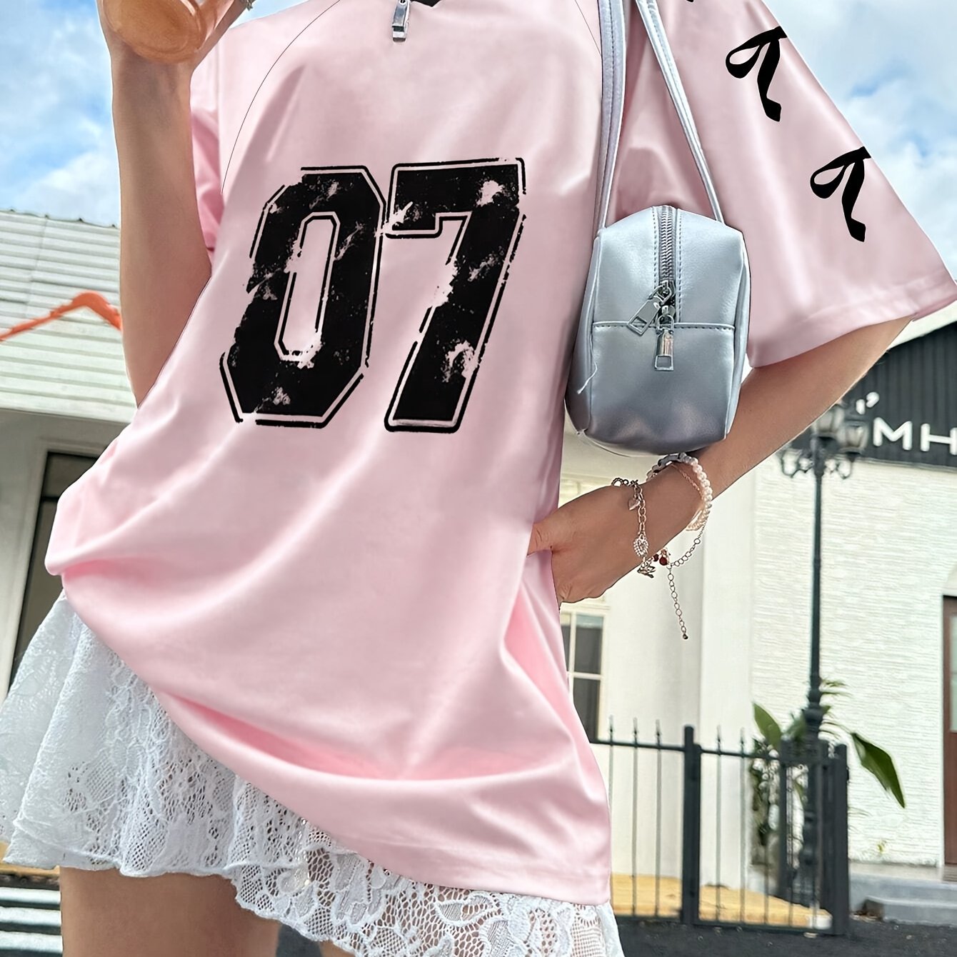 Women's Black V-Neck T-Shirt with Bow and Number Print Casual Short Sleeve Polyester