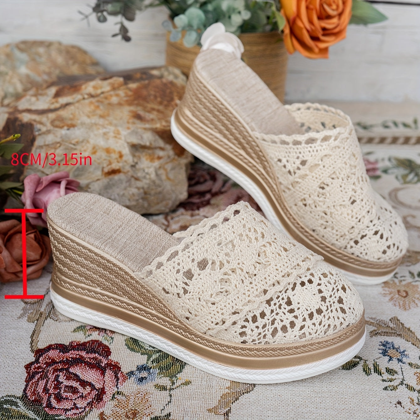 Women's Bohemian Slip-On Sandals with Cushioned PU Sole and Lace Cutouts