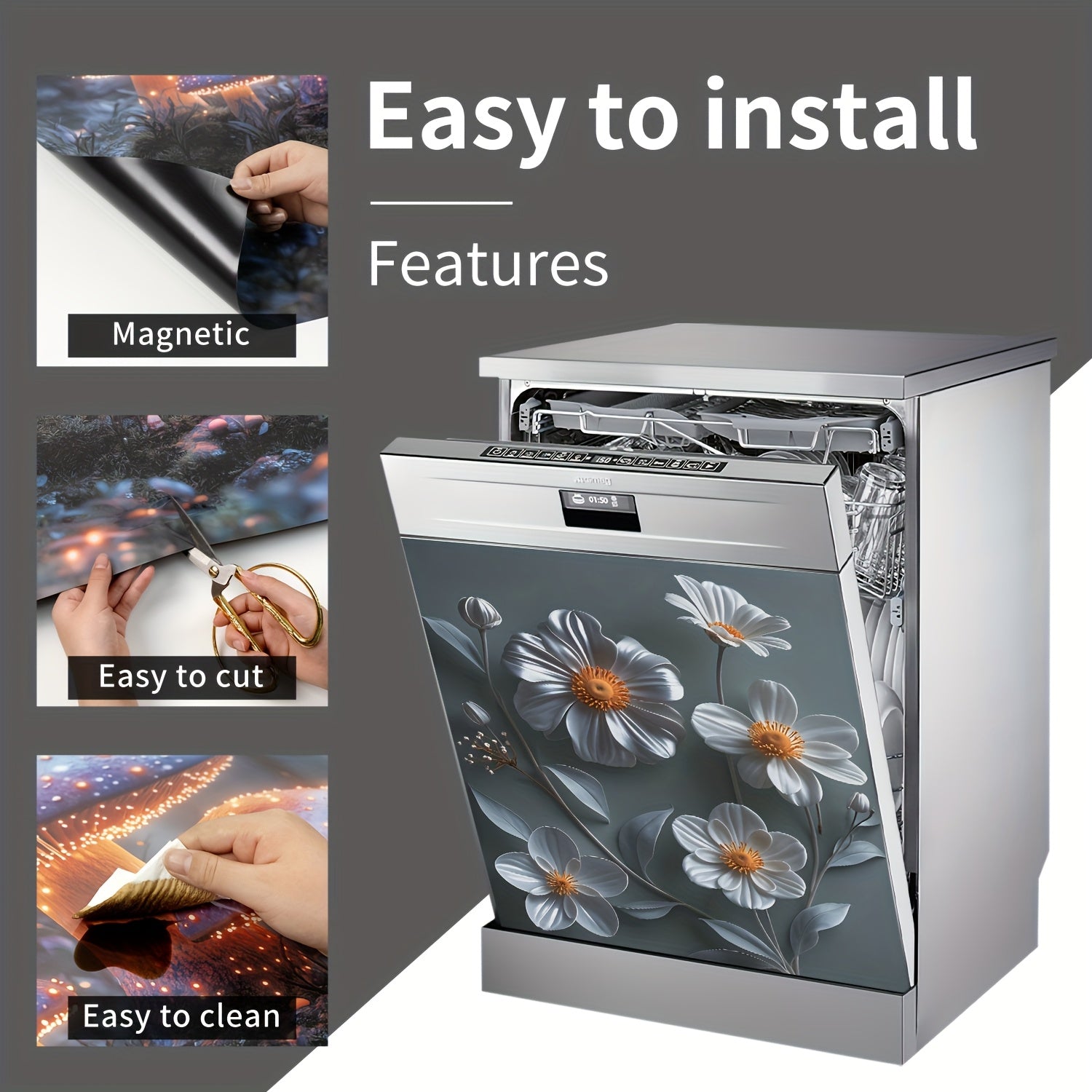 Magnetic Dishwasher Cover Reusable PVC Floral Sticker for Fridge Cabinet White Gray Daisy